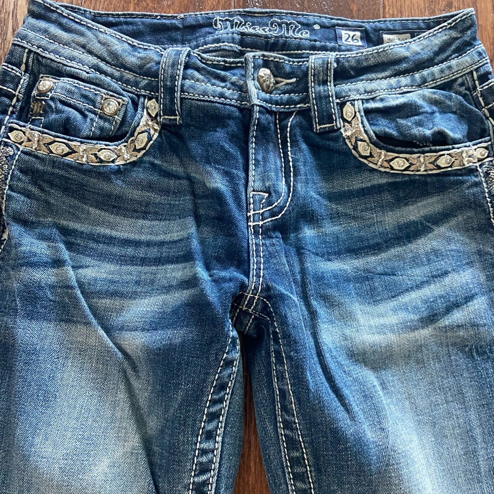 Miss Me Blue Boot Cut Jeans with Decorative Stitching and Faded Appearance